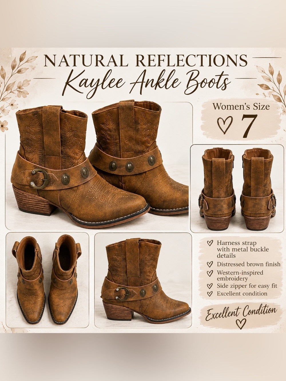 Natural Reflections Kaylee Ankle Boots womenβs size 7 U.S. Cognac Brown
